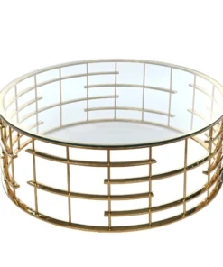 COFFEE TABLE round, gold designer base, transparent glass top, modern