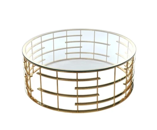 COFFEE TABLE round, gold designer base, transparent glass top, modern