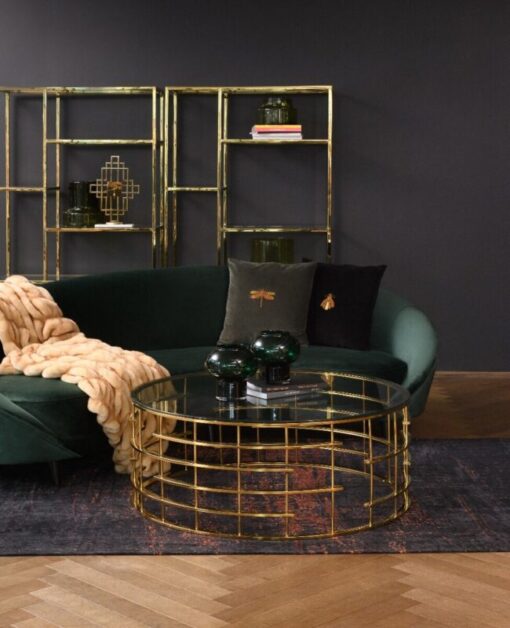 COFFEE TABLE round, gold designer base, transparent glass top, modern, beautiful