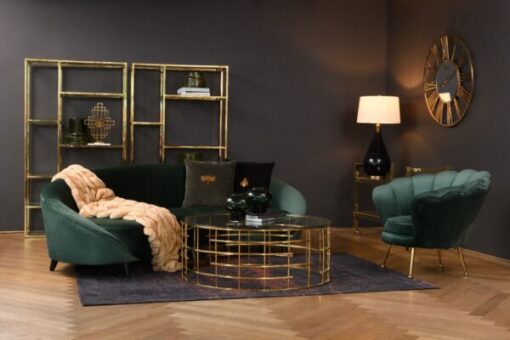 COFFEE TABLE round, gold designer base, transparent glass top, modern, unique
