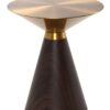 Coffee table in the shape of an hourglass, golden metal top, brown wooden base, modern