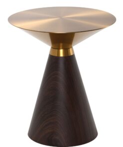 Coffee table in the shape of an hourglass, golden metal top, brown wooden base, modern