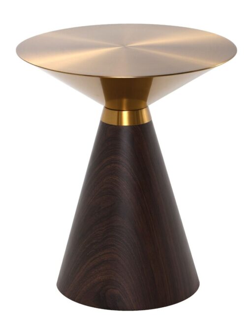 Coffee table in the shape of an hourglass, golden metal top, brown wooden base, modern