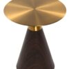 Coffee table in the shape of an hourglass, golden metal top, brown wooden base, modern, design