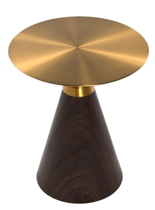 Coffee table in the shape of an hourglass, golden metal top, brown wooden base, modern, design