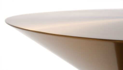 Hourglass shaped coffee table, gold metal top, brown wooden base, modern, for living room