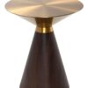 Coffee table in the shape of an hourglass, golden metal top, brown wooden base, modern, top quality