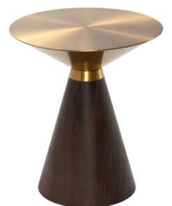 Coffee table in the shape of an hourglass, golden metal top, brown wooden base, modern, top quality