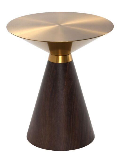 Coffee table in the shape of an hourglass, golden metal top, brown wooden base, modern, top quality