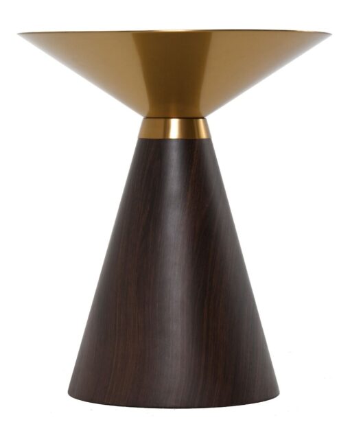 Coffee table in the shape of an hourglass, golden metal top, brown wooden base, modern, beautiful