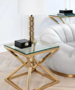 SIDE TABLE gold, metal base, transparent glass top, glamour style