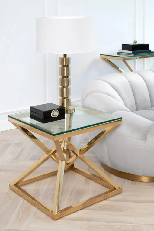 SIDE TABLE gold, metal base, transparent glass top, glamour style