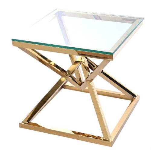 SURFACE TABLE gold, metal base, transparent glass top, glamour style, exclusive