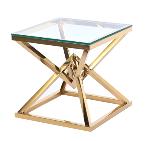SURFACE TABLE gold, metal base, transparent glass top, glamour style, unique
