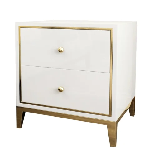 NIGHT TABLE with two drawers, white with gold metal details, exclusive