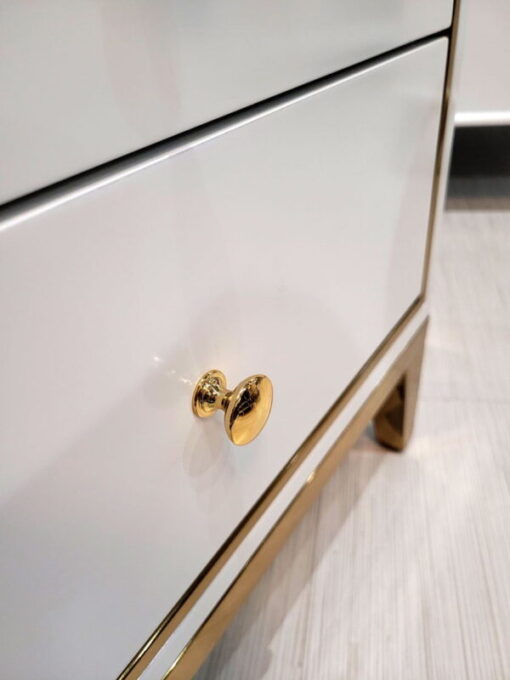 NIGHT TABLE with two drawers, white with gold metal details, exclusive, New York style