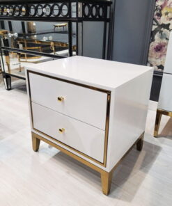 NIGHT TABLE with two drawers, white with gold metal details, exclusive, unique