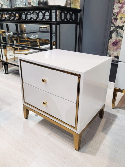 NIGHT TABLE with two drawers, white with gold metal details, exclusive, unique