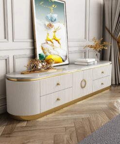 RTV BOARD Anne white, fluted, gold metal accessories, white sintered stone top, glamour style