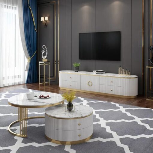RTV CABINET Anne white, fluted, gold metal accessories, white sintered stone top, glamour style, exclusive