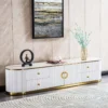 RTV CABINET Anne white, fluted, gold metal accessories, white sintered stone top, glamour style, modern