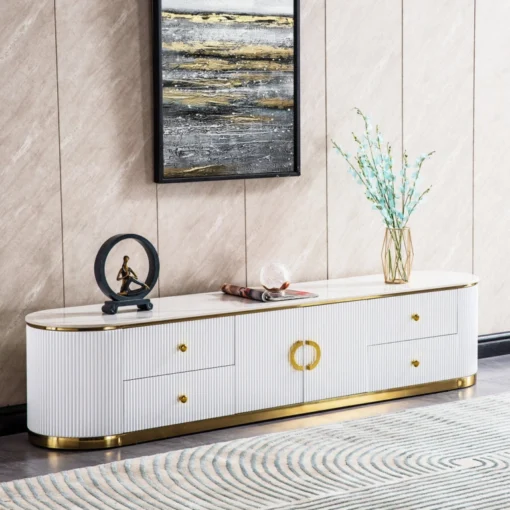 RTV CABINET Anne white, fluted, gold metal accessories, white sintered stone top, glamour style, modern