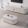 RTV CABINET Anne white, fluted, gold metal accessories, white sintered stone top, glamour style, unique