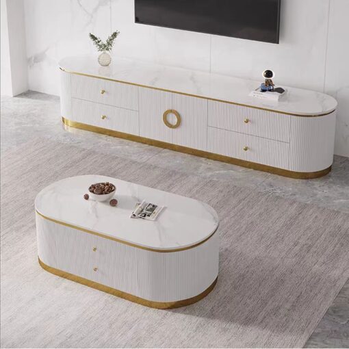 RTV CABINET Anne white, fluted, gold metal accessories, white sintered stone top, glamour style, unique