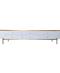 RTV cabinet, white fluted body, gold metal details, 6 drawers, modern style 200 cm