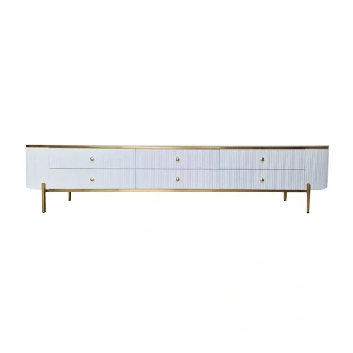 RTV cabinet, white fluted body, gold metal details, 6 drawers, modern style 200 cm