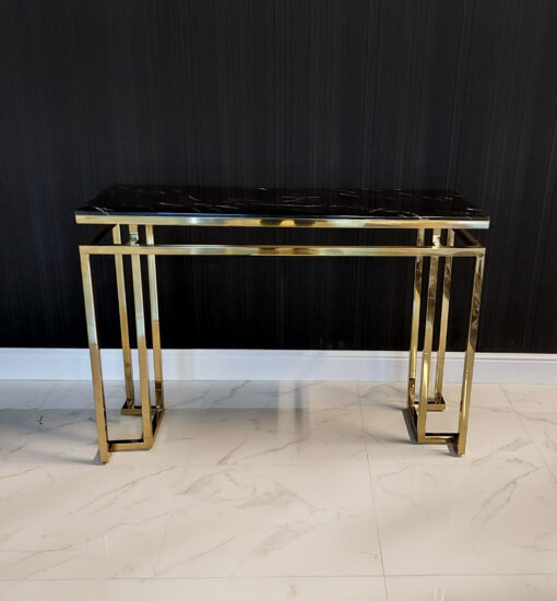 CONSOLA on gold frame with black imitation marble top, modern glamour