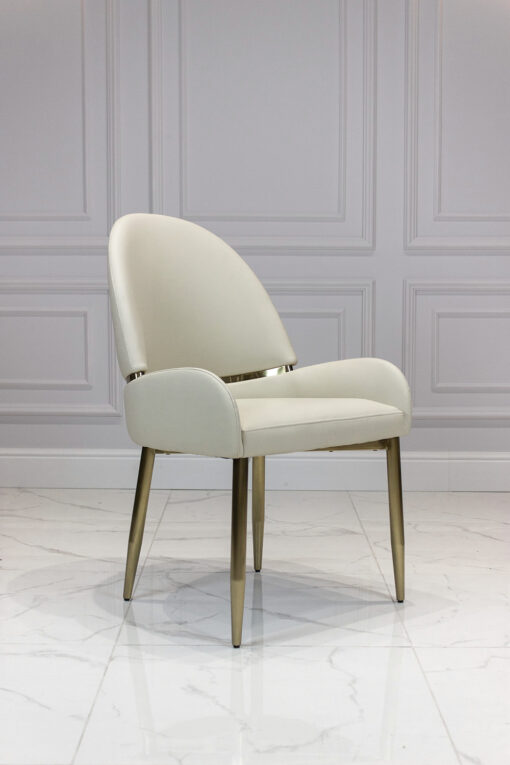 Dining chair on gold frame, contoured white eco leather seat, modern style