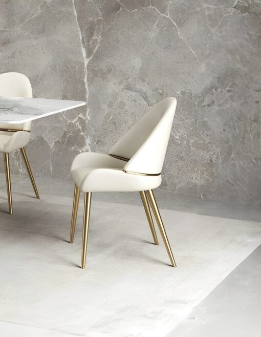 Dining chair on gold frame, contoured white eco leather seat, modern style