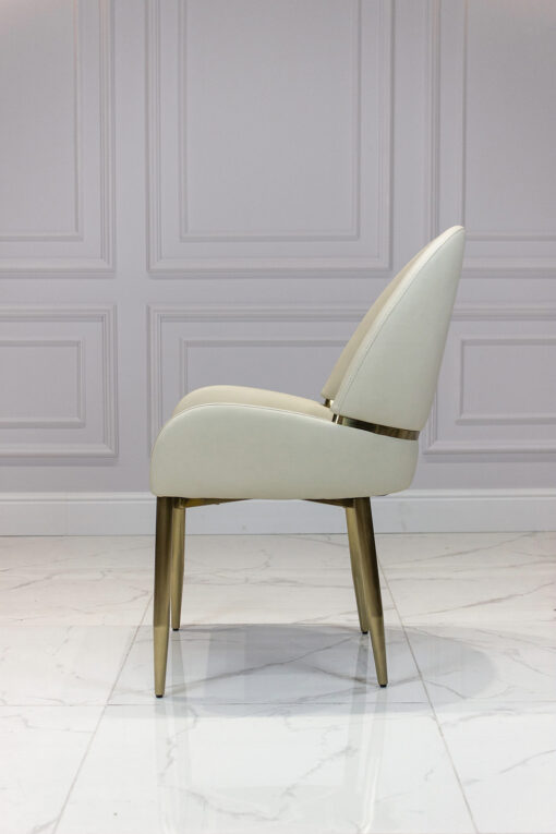 Dining chair on gold frame, contoured white eco leather seat, modern style, exclusive