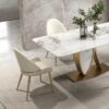 Dining chair on gold frame, contoured white eco leather seat, modern style, elegant