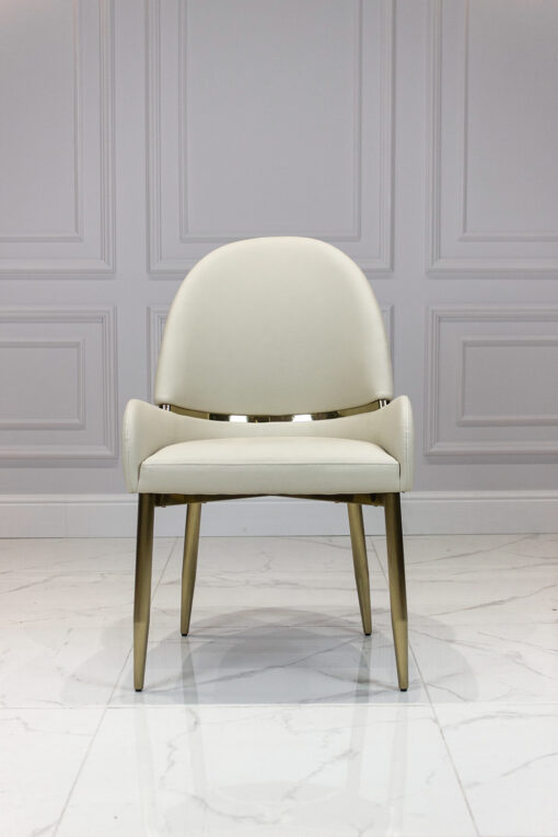 Dining chair on gold frame, contoured white eco leather seat, modern style, contemporary