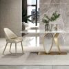 Dining chair on gold frame, contoured white eco leather seat, modern style, beautiful