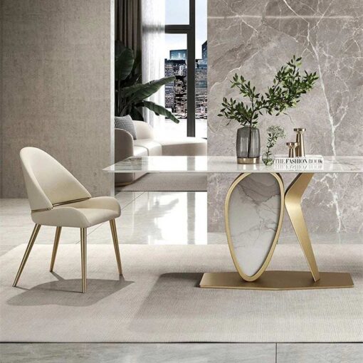 Dining chair on gold frame, contoured white eco leather seat, modern style, beautiful