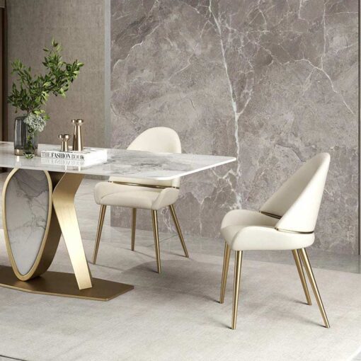 Dining chair on a gold frame, contoured white eco leather seat, modern style, unique