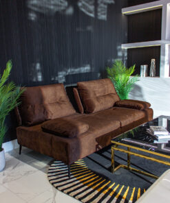 SOFA Torre, dark brown velour Italian fabric, black legs, folding armrests, modern style