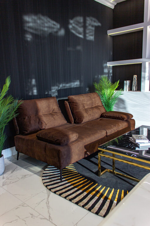 SOFA Torre, dark brown velour Italian fabric, black legs, folding armrests, modern style