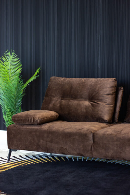 SOFA Torre, dark brown velour Italian fabric, black legs, folding armrests, modern style, beautiful
