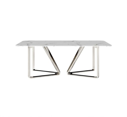 Dining table rectangular, white marble conglomerate, silver metal base