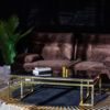 Rectangular coffee table on gold shiny frame, black imitation marble top, modern style, beautiful