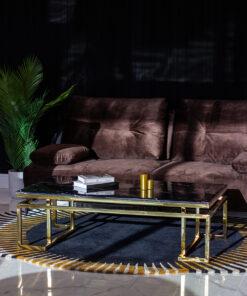 Rectangular coffee table on gold shiny frame, black imitation marble top, modern style, beautiful