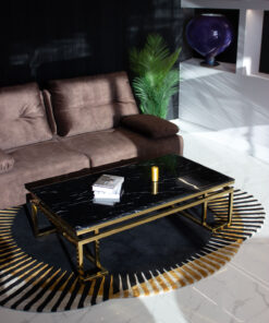 Rectangular coffee table on gold shiny frame, black imitation marble top, modern style, beautiful