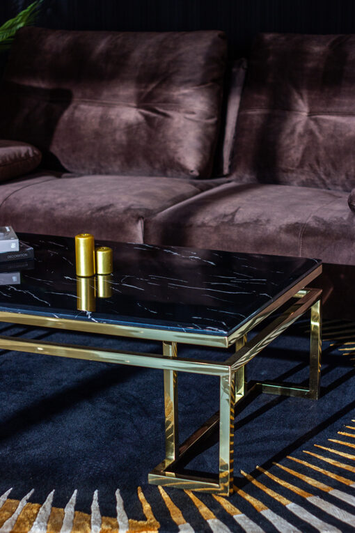 Rectangular coffee table on gold shiny frame, black imitation marble top, modern style, unique