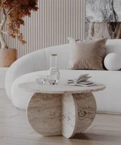 Coffee TABLE in natural travertine with designer base and round top, modern style