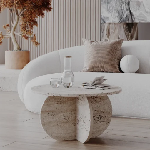 Coffee TABLE in natural travertine with designer base and round top, modern style