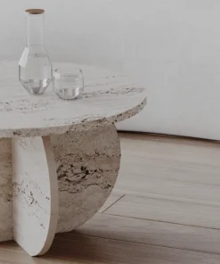 Coffee TABLE in natural travertine with designer base and round top, modern style, beautiful